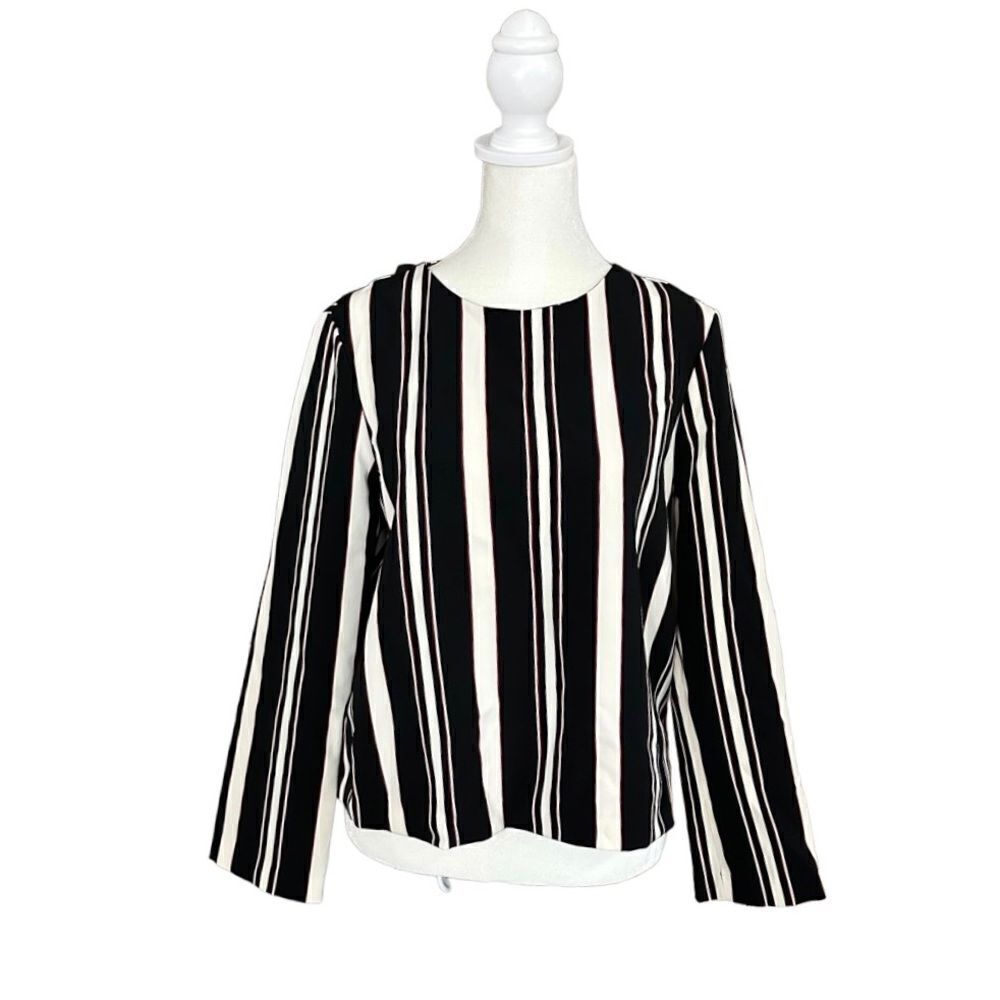Zara Woman Striped Collarless Long Sleeve Relaxed Blouse Multi Color Size Medium